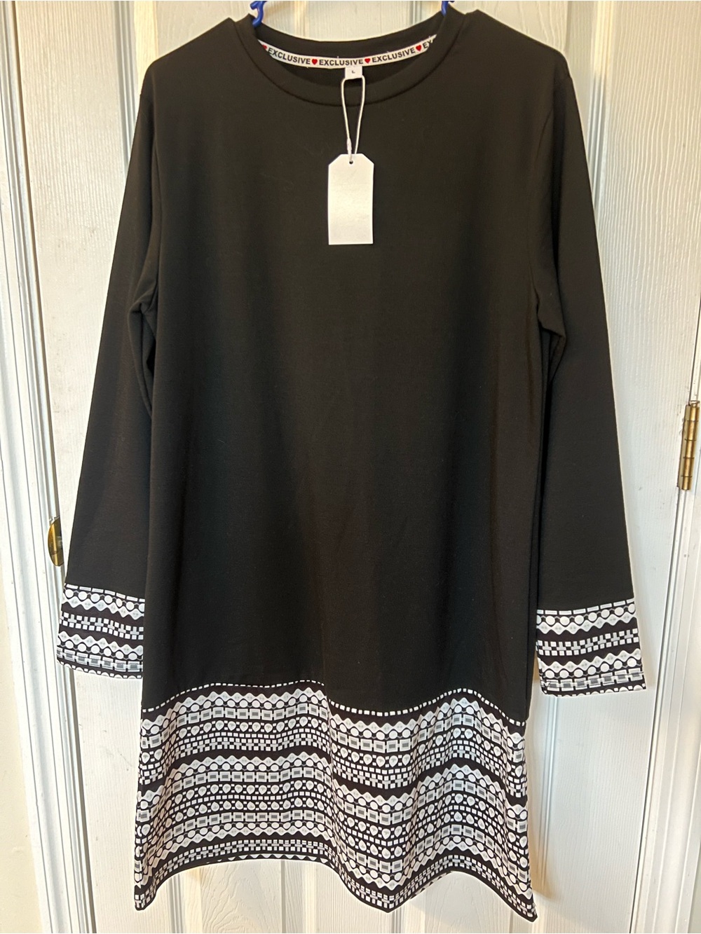 NWT Black Long Sleeve A-Line dress w geometric print by Exclusive Women’s Sz L